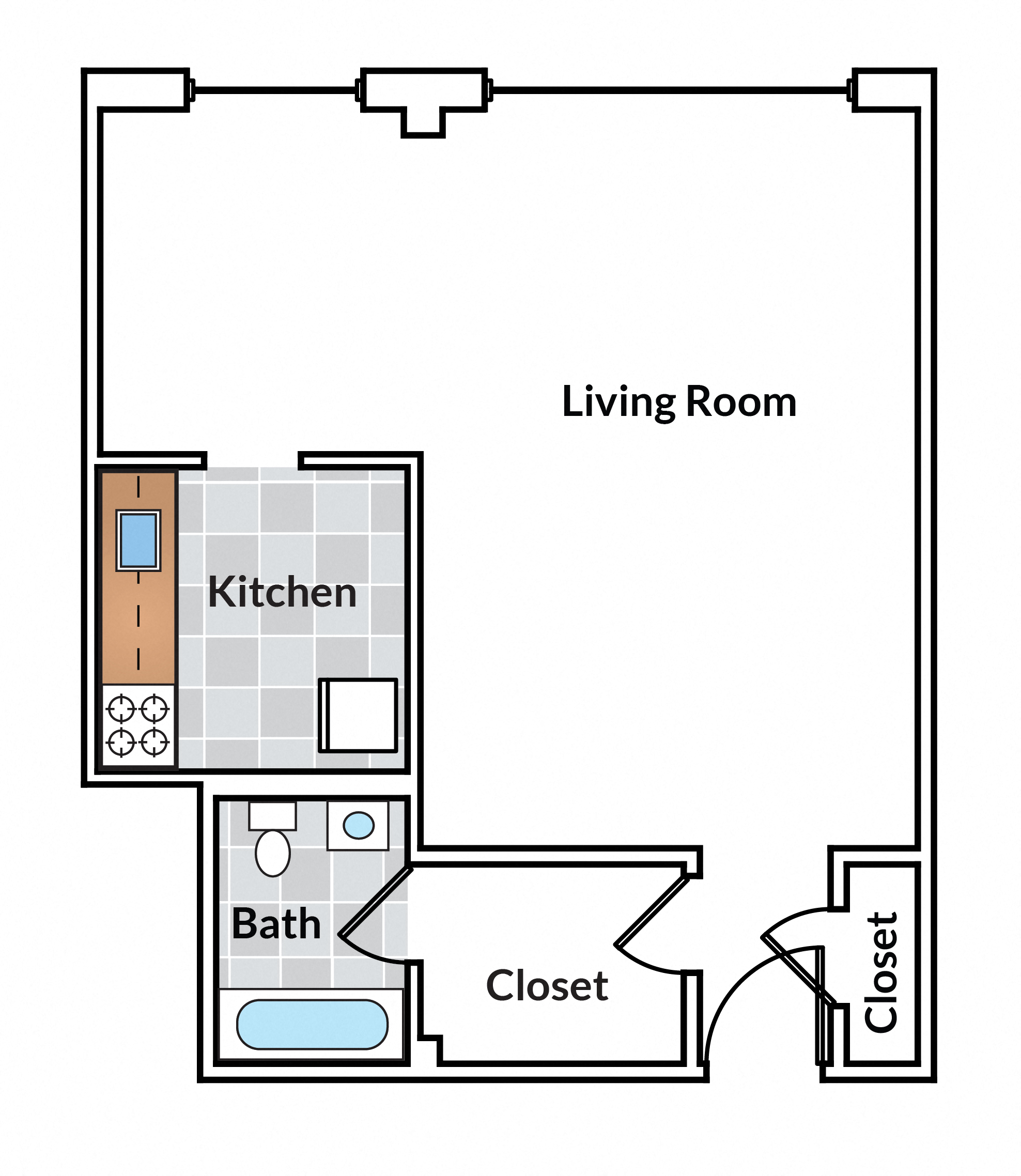 Floor plan for studio, 1 bath, 540 sqft